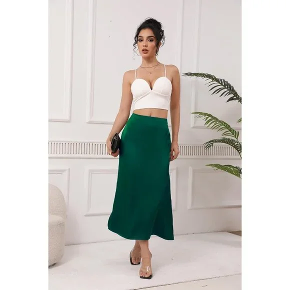 Women's Green Satin Elastic Silk Slip A Line Flowy Ruffle Cocktail Midi Skirt